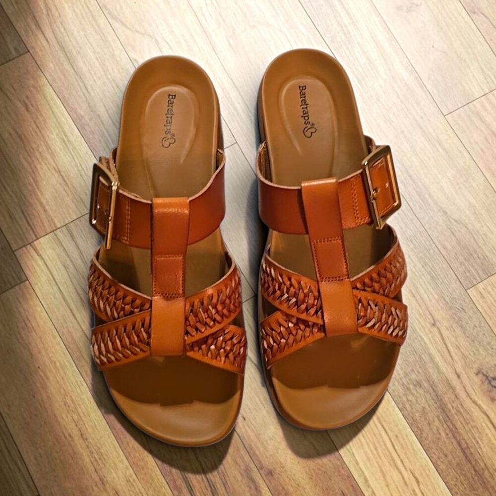 Baretraps Women’s Brown Woven Buckle Slide Sandals Synthetic Rubber US 10